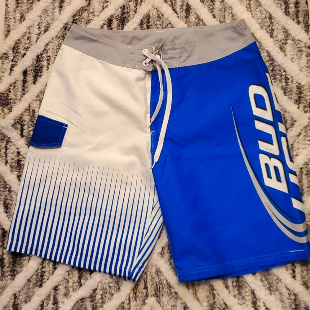 Bud Lite Men's Blue/White Board Shorts Swim Trunks Volleyball Shorts